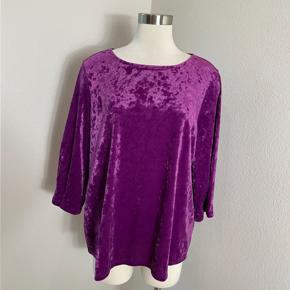 J Jill Womens XL Purple Crushed Velvet Tunic Top 3/4 Sleeve Shirt